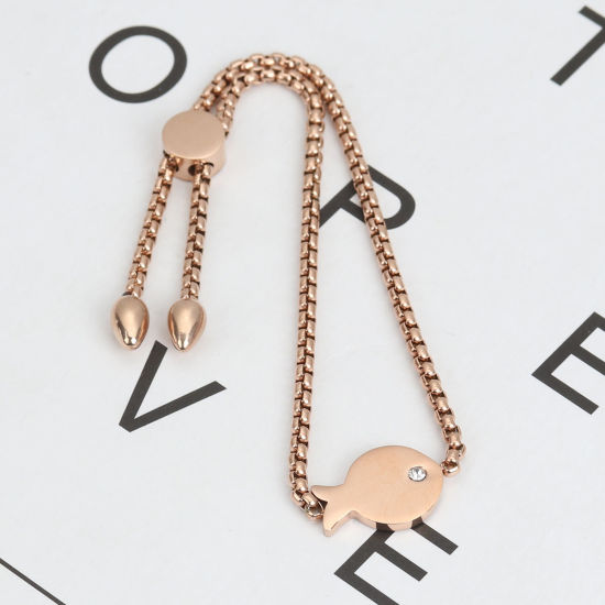 Immagine di 304 Acciaio Inossidabile Slider Regolabile Bolo Bracciale / Presentazione Oro Rosa Pesce Trasparente Strass 25.3cm - 24.3cm Lunghezza, 1 Pz