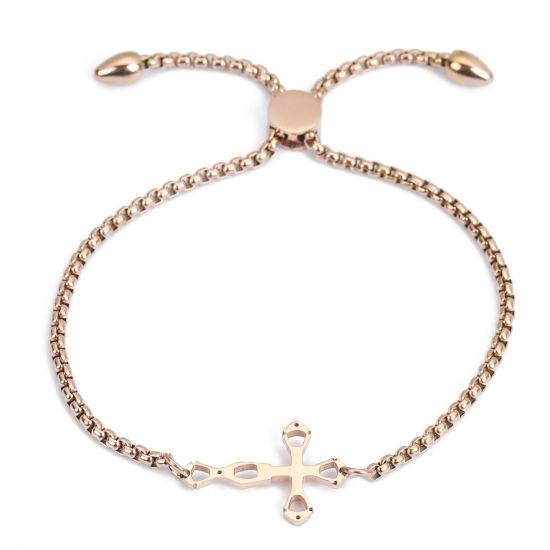 Imagen de 304 Acero Inoxidable Ajustable Slider/ Slide Pulsera Oro Rosa Cruz 26.3cm - 25.3cm longitud, 1 Unidad