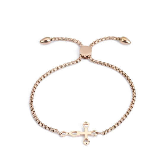 Imagen de 304 Acero Inoxidable Ajustable Slider/ Slide Pulsera Oro Rosa Cruz 26.3cm - 25.3cm longitud, 1 Unidad