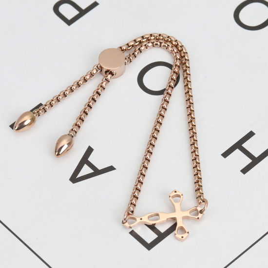 Imagen de 304 Acero Inoxidable Ajustable Slider/ Slide Pulsera Oro Rosa Cruz 26.3cm - 25.3cm longitud, 1 Unidad