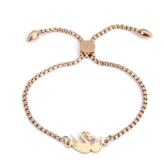 Imagen de 304 Acero Inoxidable Ajustable Slider/ Slide Pulsera Oro Rosa Cisne Transparente Rhinestone 26.3cm - 25.3cm longitud, 1 Unidad