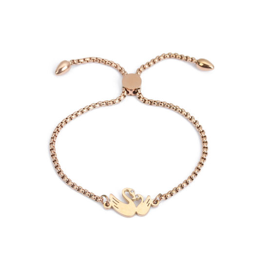 Imagen de 304 Acero Inoxidable Ajustable Slider/ Slide Pulsera Oro Rosa Cisne Transparente Rhinestone 26.3cm - 25.3cm longitud, 1 Unidad