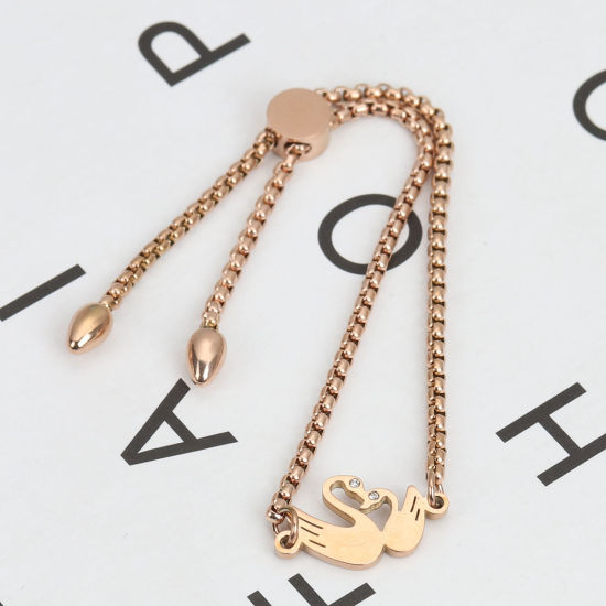 Imagen de 304 Acero Inoxidable Ajustable Slider/ Slide Pulsera Oro Rosa Cisne Transparente Rhinestone 26.3cm - 25.3cm longitud, 1 Unidad