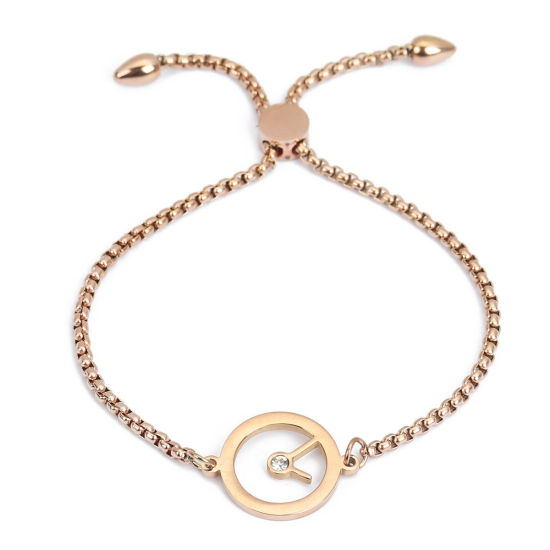 Picture of 304 Stainless Steel Adjustable Slider/ Slide Bolo Bracelets Rose Gold Clock Clear Rhinestone 26.3cm(10 3/8") long - 25.3cm(10") long, 1 Piece