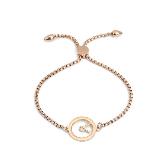 Picture of 304 Stainless Steel Adjustable Slider/ Slide Bolo Bracelets Rose Gold Clock Clear Rhinestone 26.3cm(10 3/8") long - 25.3cm(10") long, 1 Piece