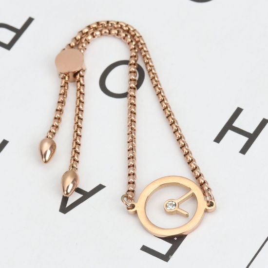 Picture of 304 Stainless Steel Adjustable Slider/ Slide Bolo Bracelets Rose Gold Clock Clear Rhinestone 26.3cm(10 3/8") long - 25.3cm(10") long, 1 Piece