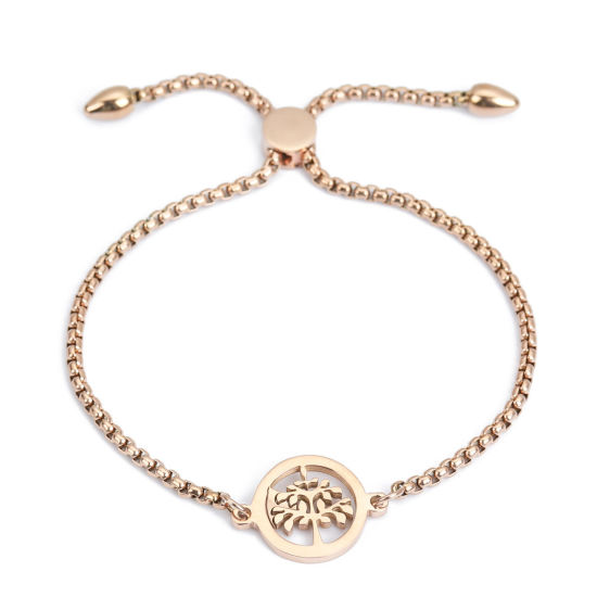 Picture of 304 Stainless Steel Adjustable Slider/ Slide Bolo Bracelets Rose Gold Round Tree 26.3cm(10 3/8") long - 25.3cm(10") long, 1 Piece