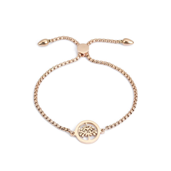 Picture of 304 Stainless Steel Adjustable Slider/ Slide Bolo Bracelets Rose Gold Round Tree 26.3cm(10 3/8") long - 25.3cm(10") long, 1 Piece