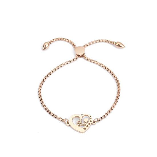 Imagen de 304 Acero Inoxidable Ajustable Slider/ Slide Pulsera Oro Rosa Corazón " Amor " Transparente Rhinestone 26.3cm - 25.3cm longitud, 1 Unidad
