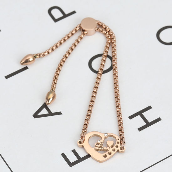 Imagen de 304 Acero Inoxidable Ajustable Slider/ Slide Pulsera Oro Rosa Corazón " Amor " Transparente Rhinestone 26.3cm - 25.3cm longitud, 1 Unidad