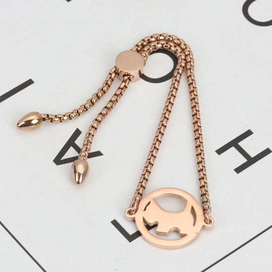 Picture of 304 Stainless Steel Adjustable Slider/ Slide Bolo Bracelets Rose Gold Round Dog 26.3cm(10 3/8") long - 25.3cm(10") long, 1 Piece