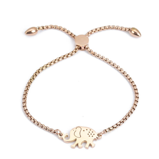 Imagen de 304 Acero Inoxidable Ajustable Slider/ Slide Pulsera Oro Rosa Elefante Filigrana 26.3cm - 25.3cm longitud, 1 Unidad