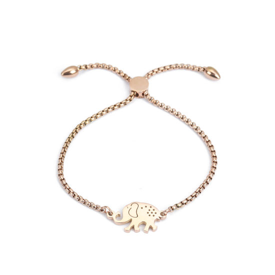 Imagen de 304 Acero Inoxidable Ajustable Slider/ Slide Pulsera Oro Rosa Elefante Filigrana 26.3cm - 25.3cm longitud, 1 Unidad