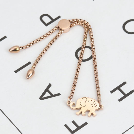 Imagen de 304 Acero Inoxidable Ajustable Slider/ Slide Pulsera Oro Rosa Elefante Filigrana 26.3cm - 25.3cm longitud, 1 Unidad