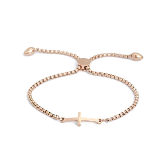 Immagine di 304 Acciaio Inossidabile Slider Regolabile Bolo Bracciale / Presentazione Oro Rosa Croce 26.3cm - 25.3cm Lunghezza, 1 Pz