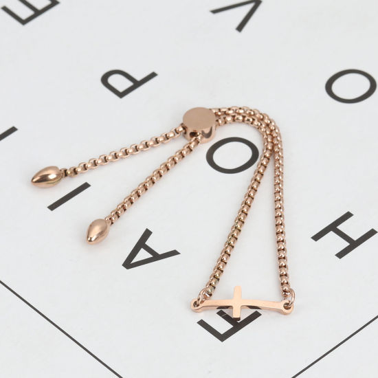 Immagine di 304 Acciaio Inossidabile Slider Regolabile Bolo Bracciale / Presentazione Oro Rosa Croce 26.3cm - 25.3cm Lunghezza, 1 Pz