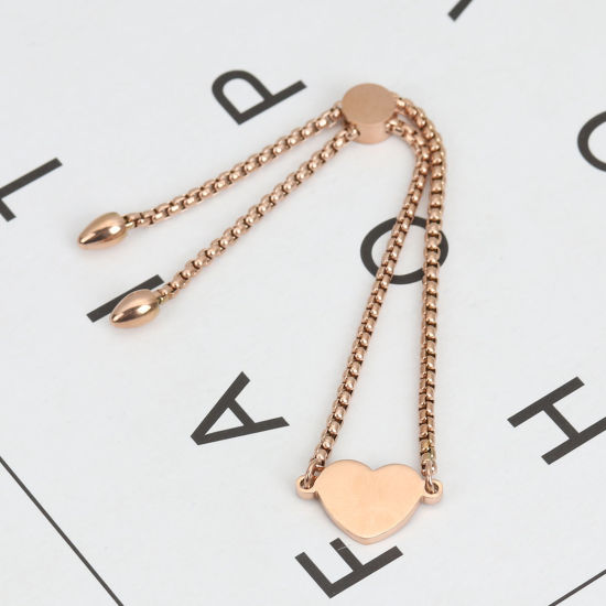 Immagine di 304 Acciaio Inossidabile Slider Regolabile Bolo Bracciale / Presentazione Oro Rosa Cuore 26.3cm - 25.3cm Lunghezza, 1 Pz