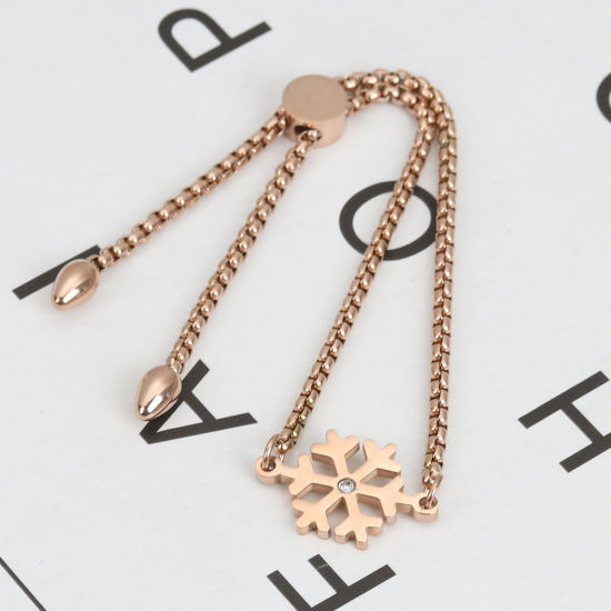 Immagine di 304 Acciaio Inossidabile Natale Slider Regolabile Bolo Bracciale / Presentazione Oro Rosa Natale Fiocco di Neve Trasparente Strass 26.3cm - 25.3cm Lunghezza, 1 Pz