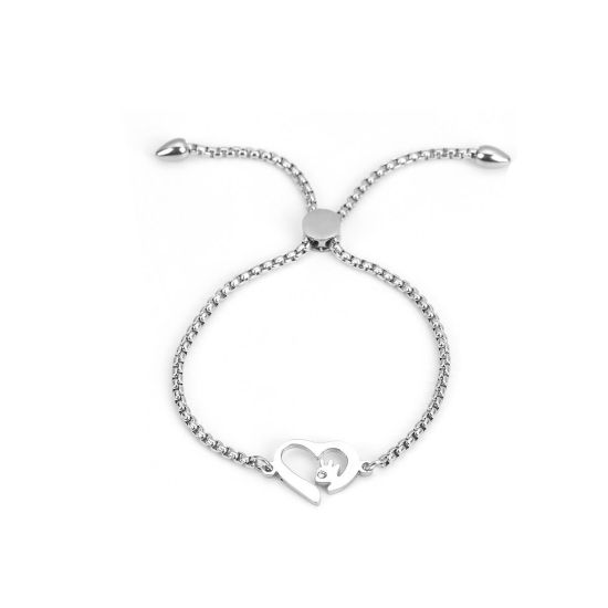 304ステンレス鋼 調整可能 スライダー ボーロ ブレスレット シルバートーン ハート 透明 ラインストーン 26.3cm - 25.3cm 長さ、 1 本 の画像