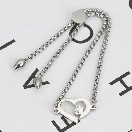 304ステンレス鋼 調整可能 スライダー ボーロ ブレスレット シルバートーン ハート 透明 ラインストーン 26.3cm - 25.3cm 長さ、 1 本 の画像