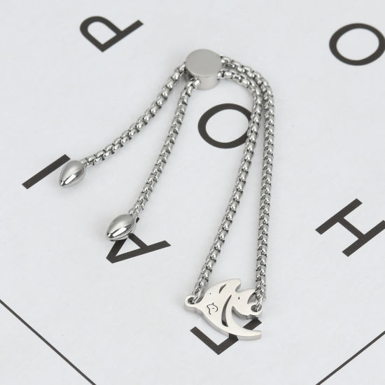Immagine di 304 Acciaio Inossidabile Gioielli Oceanici Slider Regolabile Bolo Bracciale / Presentazione Tono Argento Pesci tropicali 26.3cm - 25.3cm Lunghezza, 1 Pz