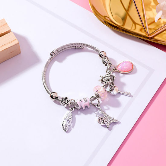 Bild von Zinklegierung & Edelstahl Emaille Armband Silberfarbe Rosa Rund Transparent Strass Verstellbar 5.5cm D., 1 Stück