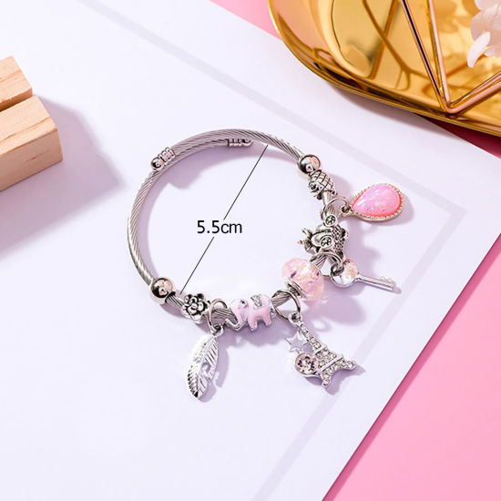 Bild von Zinklegierung & Edelstahl Emaille Armband Silberfarbe Rosa Rund Transparent Strass Verstellbar 5.5cm D., 1 Stück