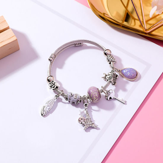 Image de Bracelets Émail en Alliage de Zinc & Acier Inoxydable Argent Mat Violet Rond Strass Transparent Réglable 5.5cm Dia, 1 Pièce