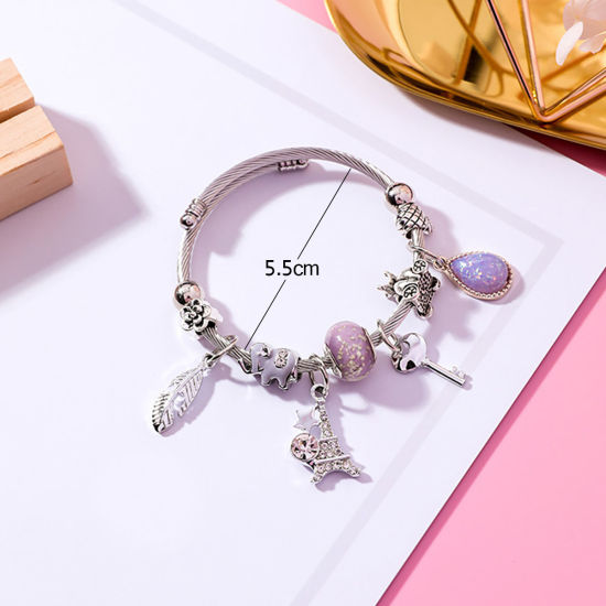 Image de Bracelets Émail en Alliage de Zinc & Acier Inoxydable Argent Mat Violet Rond Strass Transparent Réglable 5.5cm Dia, 1 Pièce
