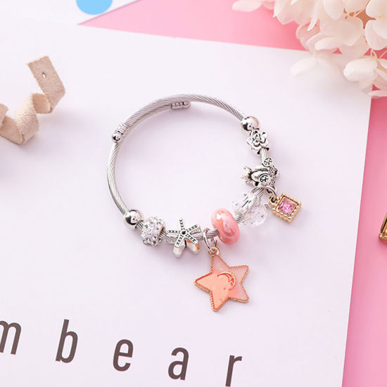 Immagine di Lega di Zinco & Acciaio Inossidabile Braccialetto Tono Argento Tondo Stella Roso Strass Regolabile 5.5cm Dia, 1 Pz