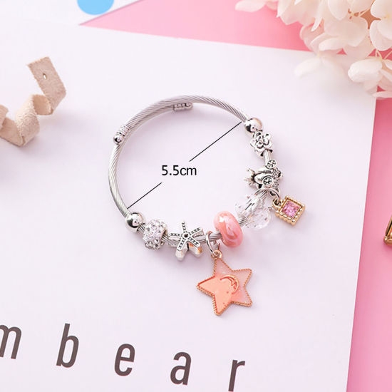 Immagine di Lega di Zinco & Acciaio Inossidabile Braccialetto Tono Argento Tondo Stella Roso Strass Regolabile 5.5cm Dia, 1 Pz