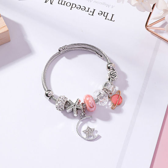 Imagen de Aleación del Cinc & Acero Inoxidable Brazalete Tono de Plata Rosado Ronda Luna Transparente Rhinestone Ajustable 5cm Diámetro, 1 Unidad
