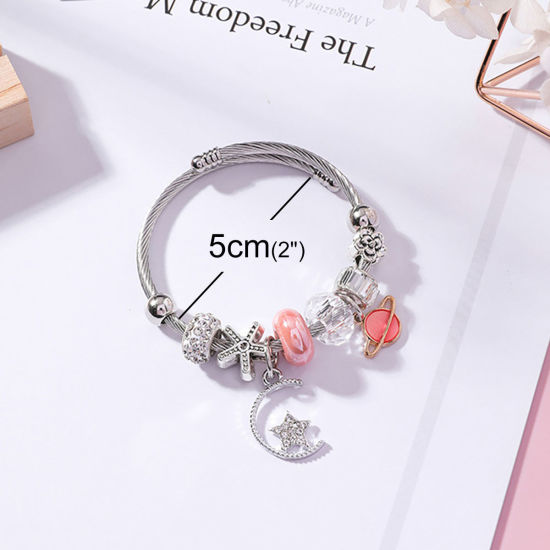 Imagen de Aleación del Cinc & Acero Inoxidable Brazalete Tono de Plata Rosado Ronda Luna Transparente Rhinestone Ajustable 5cm Diámetro, 1 Unidad