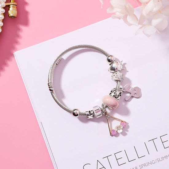 Image de Bracelets en Alliage de Zinc & Acier Inoxydable Argent Mat Rond Fleurs Strass Rose 5.5cm Dia, 1 Pièce