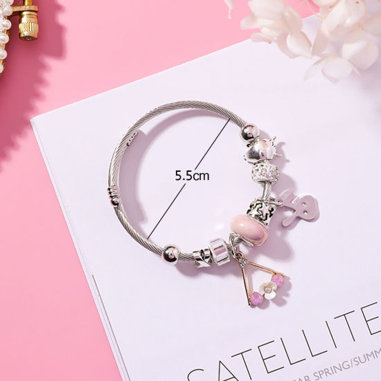 Image de Bracelets en Alliage de Zinc & Acier Inoxydable Argent Mat Rond Fleurs Strass Rose 5.5cm Dia, 1 Pièce