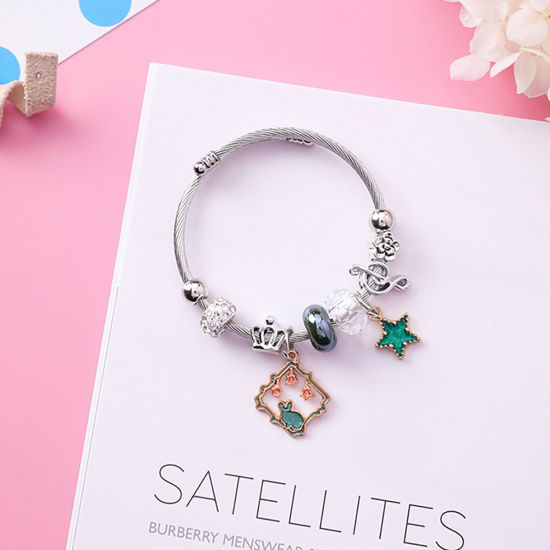 Immagine di Lega di Zinco & Acciaio Inossidabile Braccialetto Tono Argento Verde Tondo Stella Regolabile 5.5cm Dia, 1 Pz