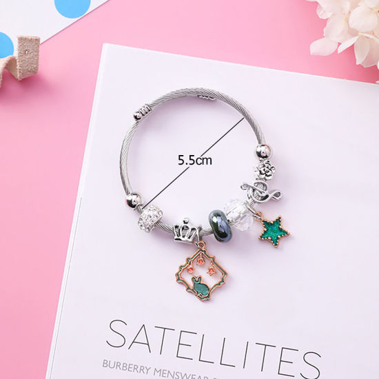 Immagine di Lega di Zinco & Acciaio Inossidabile Braccialetto Tono Argento Verde Tondo Stella Regolabile 5.5cm Dia, 1 Pz