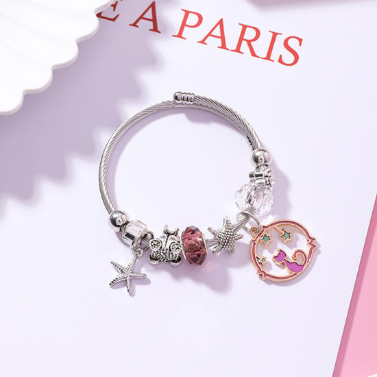 Immagine di Lega di Zinco & Acciaio Inossidabile Braccialetto Tono Argento Rosy Rosso Tondo Stella Marina Regolabile 5.5cm Dia, 1 Pz