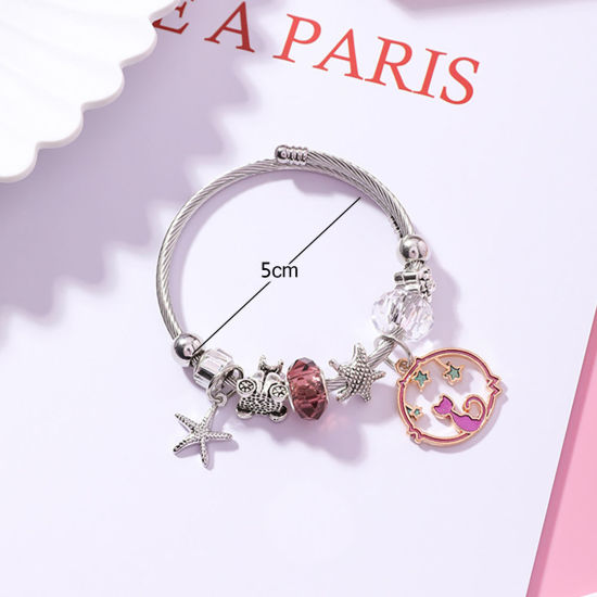 Immagine di Lega di Zinco & Acciaio Inossidabile Braccialetto Tono Argento Rosy Rosso Tondo Stella Marina Regolabile 5.5cm Dia, 1 Pz