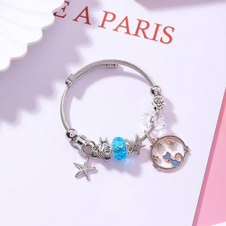 Aleación del Cinc & Acero Inoxidable Brazalete Tono de Plata Azul Ronda Estrella de Mar Ajustable 5.5cm Diámetro, 1 Unidad