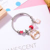 Imagen de Aleación del Cinc & Acero Inoxidable Brazalete Tono de Plata Rojo Ronda Love Rosa Claro Rhinestone Ajustable 5.5cm Diámetro, 1 Unidad