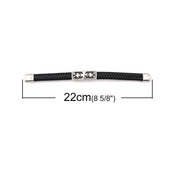 304ステンレス鋼+本革 バングル シルバートーン 黒 円形 クロス 織物 22cm 長さ、 1 本 の画像