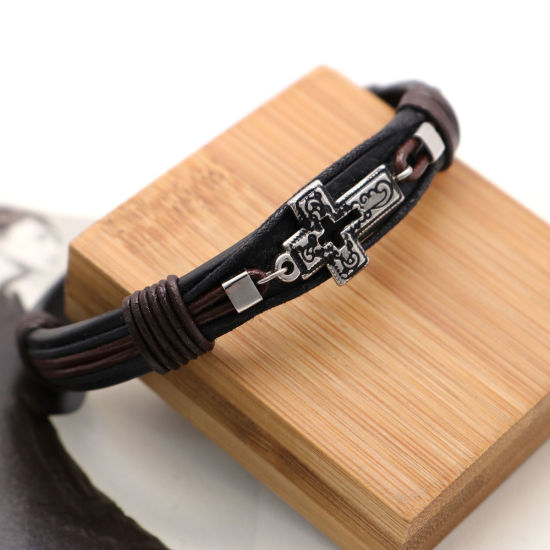 Image de Bracelets en 304 Acier Inoxydable & Cuir Réel Argent Mat Brun & Noir Rond Croix Multicouche 21cm long, 1 Pièce