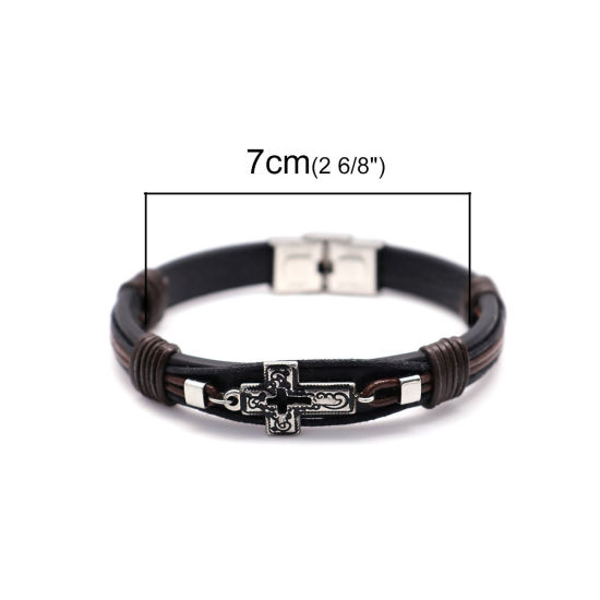 Image de Bracelets en 304 Acier Inoxydable & Cuir Réel Argent Mat Brun & Noir Rond Croix Multicouche 21cm long, 1 Pièce