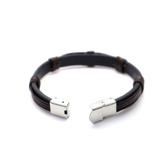 Image de Bracelets en 304 Acier Inoxydable & Cuir Réel Argent Mat Brun & Noir Rond Croix Multicouche 21cm long, 1 Pièce