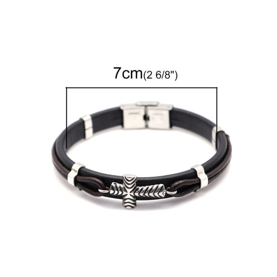 Image de Bracelets en 304 Acier Inoxydable & Cuir Réel Argent Mat Brun & Noir Rond Croix Multicouche 21cm long, 1 Pièce