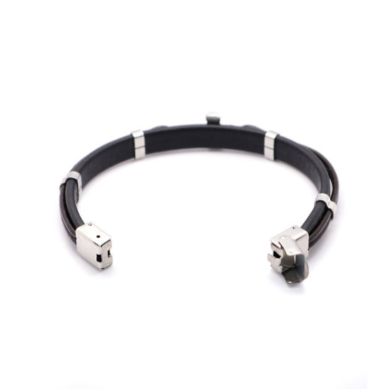 Image de Bracelets en 304 Acier Inoxydable & Cuir Réel Argent Mat Brun & Noir Rond Croix Multicouche 21cm long, 1 Pièce