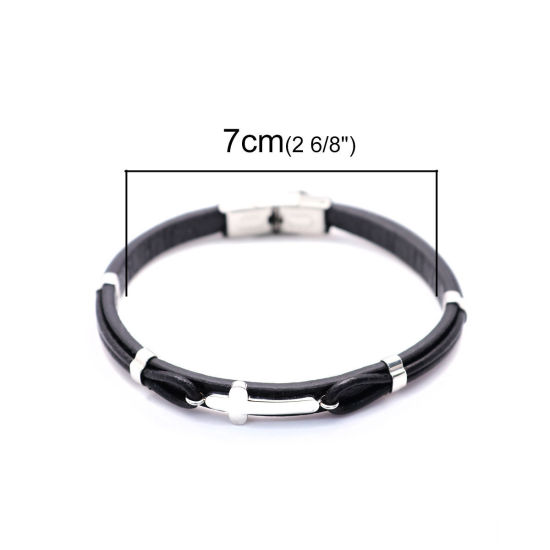 Imagen de 304 Acero Inoxidable & Cuero Real Brazalete Tono de Plata Negro Ronda Cruz Multicapa 21cm longitud, 1 Unidad