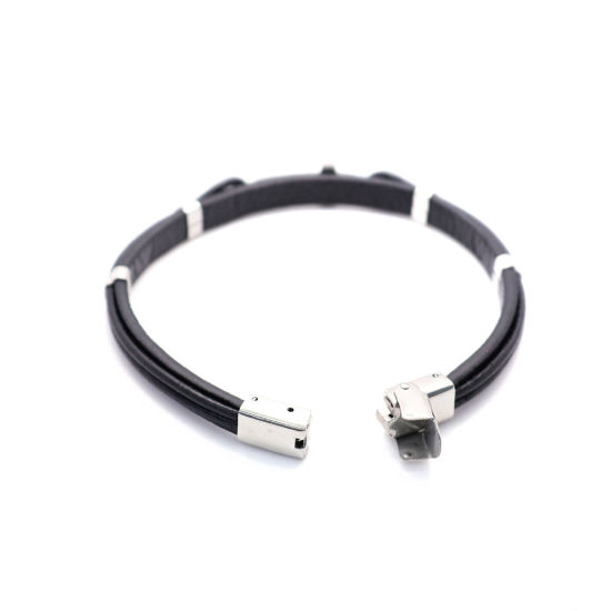 Imagen de 304 Acero Inoxidable & Cuero Real Brazalete Tono de Plata Negro Ronda Cruz Multicapa 21cm longitud, 1 Unidad
