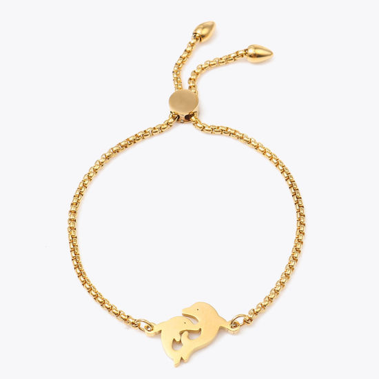 Imagen de 304 Acero Inoxidable Joyería del océano Ajustable Slider/ Slide Pulsera Chapado en Oro Delfín 26.3cm - 25.3cm longitud, 50 Unidades